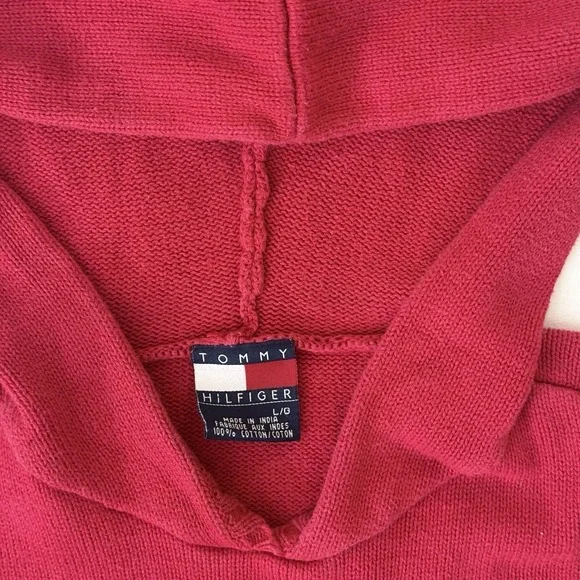 Tommy Hilfiger Y2K Knit Hoodie Sweater Spellout Red Cotton L - Picture 8 of 8